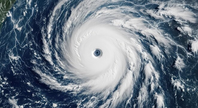 An immense storm system with a defined circular eye swirling above the atmosphere, showcasing powerful cloud formations and catastrophic scale, phenomenon, pressure, meteorology
