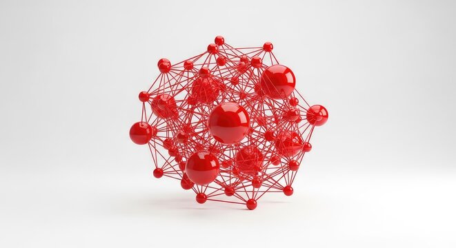 An intricate web of vibrant red spheres and interconnected lines forms a dynamic geometric network over a clean, minimalist white backdrop, design, link, social
