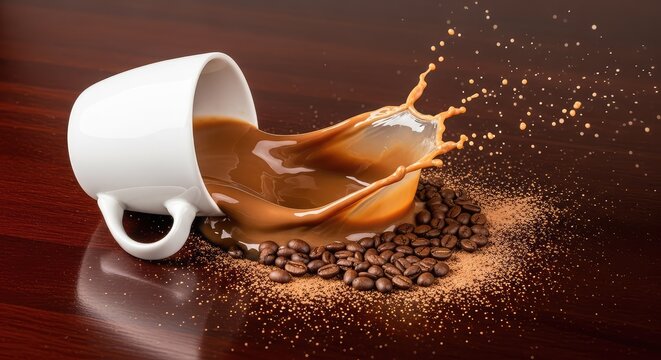 An overturned ceramic mug on a dark wooden table with brown liquid splashing out across scattered roasted coffee beans and cocoa powder, mocha, brown, kitchen