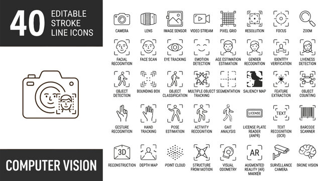 40 Computer Vision and Image Processing Line Icons Vector Illustration