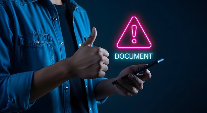 Cybersecurity alert mobile phone displays document warning with thumbs up gesture