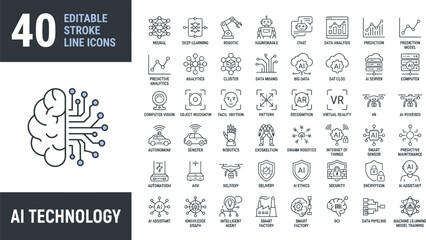 Naklejka premium 40 Artificial Intelligence and AI Technology Line Icons Vector Illustration