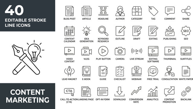 Content Marketing and Digital Strategy Line Icons Set with Editable Strokes for Media
