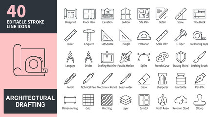 Obraz premium Architectural Drafting and Engineering Line Icons Set with Editable Strokes for Design 