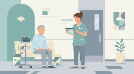 Fototapeta premium Nurse with Tablet Consults Senior Man in Hospital Waiting Room