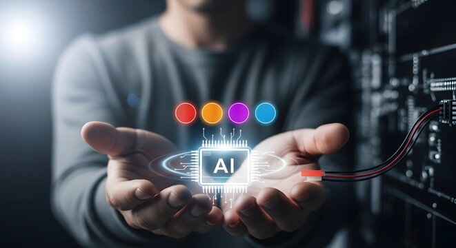 Artificial intelligence concept hands holding a glowing ai microchip