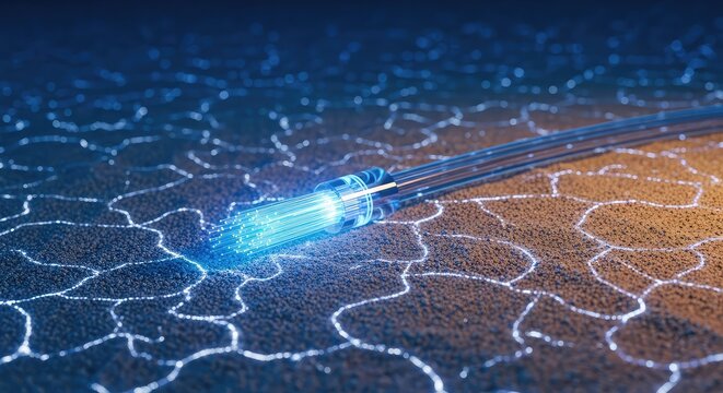 Luminous fiber optic cables rest on the sandy deep ocean floor, transmitting high speed digital data through glowing blue pulses of light, broadband, system, futuristic