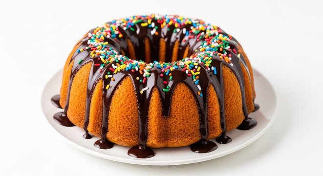 Luscious orange bundt cake drizzled with silky dark chocolate ganache and rainbow sprinkles, set on a plate for a festive celebration, delicious, citrus, dessert
