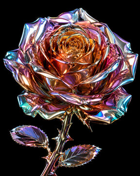 Chrome Rose &mdash; Every Petal the Correct Curl and Overlap &mdash; The Core Deep Gold &mdash; The Tips Electric Teal &mdash; Sharp and Beautiful and Dangerous Even in Metal