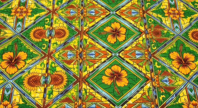 Vibrant kitenge fabric with bold geometric shapes and floral motifs in yellow and green. Textile art displays complex symmetrical patterns, wallpaper, surface, design