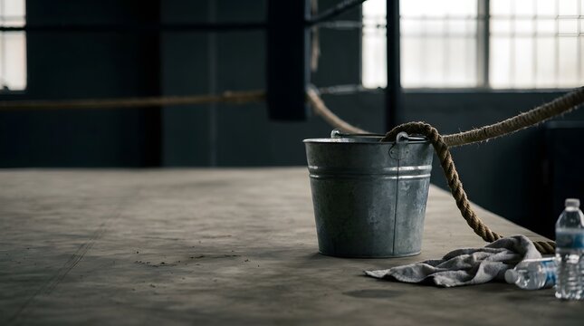 Industrial Metal Bucket with Rope in Dim Warehouse
