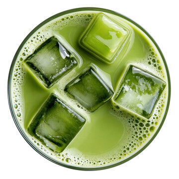 Matcha green tea latte with ice cubes and foam in a glass, top view, pouring a refreshing cold drink, healthy antioxidant beverage, transparent background