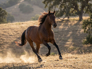 Brown horse running across dry grassy field with flowing mane and tail in warm evening light © Sajjad Anjum Studio