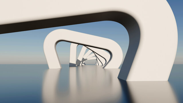3D render of abstract white twisting arches sequence under a clear sky, minimalist modern architectural corridor on reflective floor