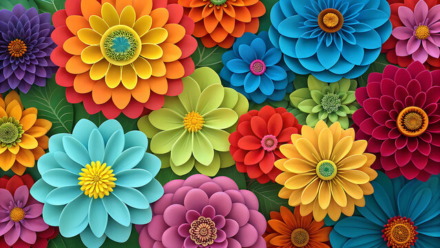 Top view flat lay of multicolored paper craft flowers