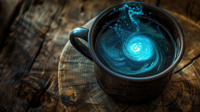 Dark mug holding a glowing blue cosmic vortex, representing concepts like magic, spirituality, imagination, and mystical energy, resting on rustic wooden surface