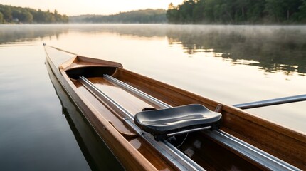 Fototapeta premium Calm Morning Rowing Boat on Misty Lake with Wooden Shell