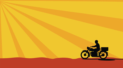 Fototapeta premium Motorcyclist silhouette riding across an abstract horizon with radiating sun rays