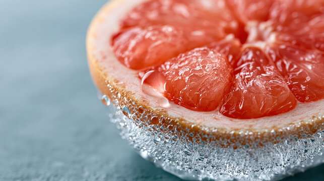 Grapefruit slice creating refreshing cold concept, immersed in sparkling ice water, emphasizing juicy pulp texture and a healthy, vibrant lifestyle