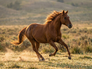 Brown horse running freely across grassy field with flowing mane and tail in natural landscape at sunset © Sajjad Anjum Studio