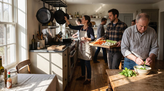 Sunlit Family Dinner Prep and Assembly in a Bright Home Kitchen