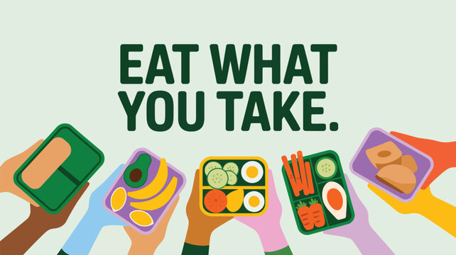 Multicultural hands holding various lunch containers, promoting healthy eating and minimizing food waste