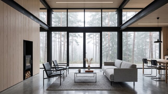 Modern Forest Home Interior with Floor-to-Ceiling Windows