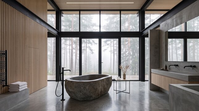 Luxury Bathroom with Stone Bathtub and Forest Views