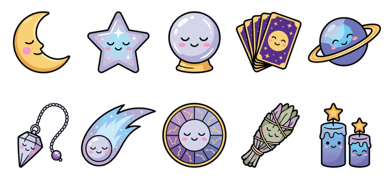 Cute Kawaii Mystic Celestial Vector Icon Set with Moon Star Crystal Ball Tarot Cards Planet Candles for Astrology Design