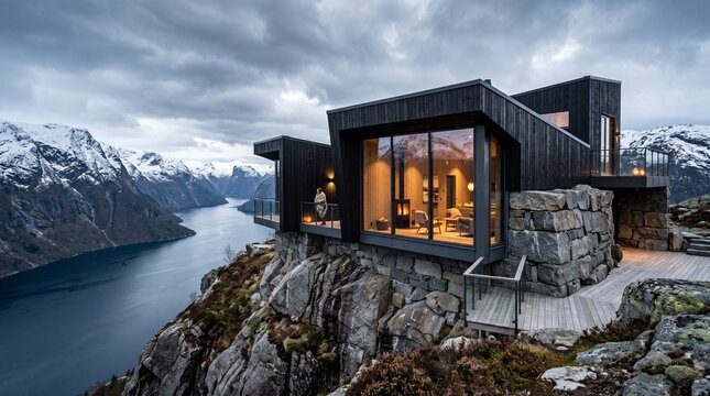 Modern Cabin Overlooking Mountain Lake and Snow-Capped Peaks