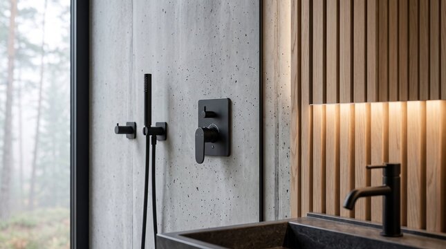 Modern Black Bathroom Fixtures on Concrete Wall