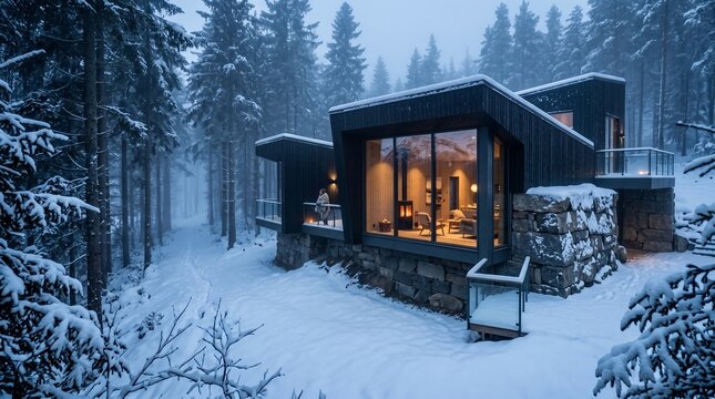 Modern Cabin Glowing Warmly in Snowy Forest at Dusk