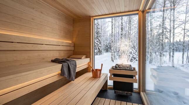 Modern Sauna Interior with Snowy Forest View