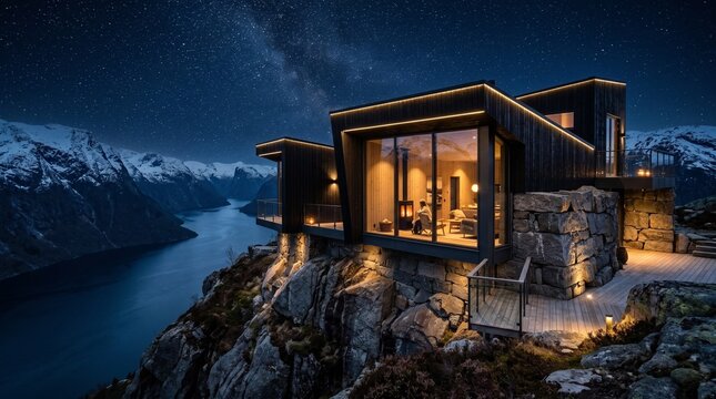 Modern Cabin on Mountain Cliff Overlooking Alpine Lake at Night