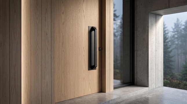 Modern Wooden Door with Black Handle in Contemporary Interior