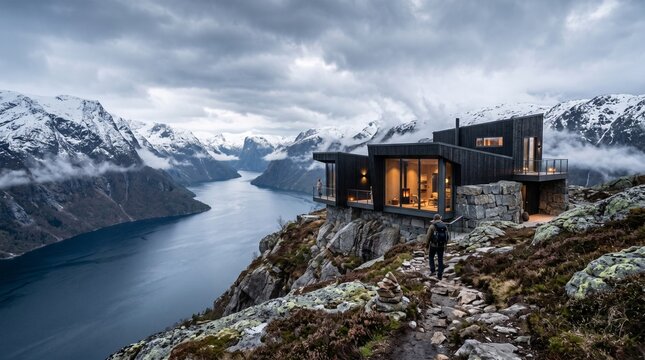 Modern Mountain Lodge Overlooking Alpine Lake Valley