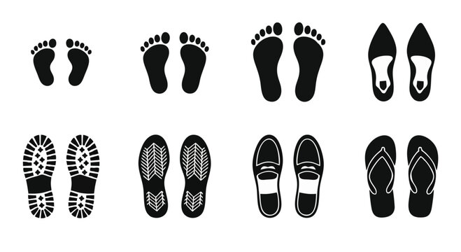 Human Footprints and Shoe Prints Collection Set Black Silhouette Icons