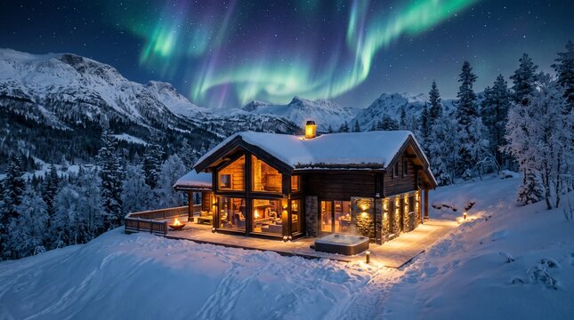 Cozy Log Cabin Under Northern Lights in Snowy Mountains