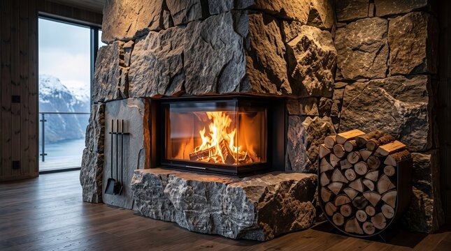 Modern Fireplace with Stone Wall and Mountain View
