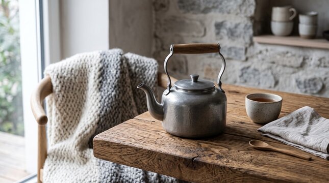 Teapot with Tea Cup on Wooden Table, Cozy Interior