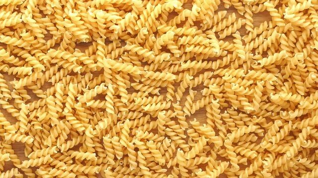Top view of yellow dry pasta fusilli rotating on wooden table surface in kitchen