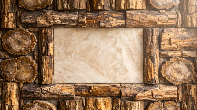 Rectangular Empty Center Piece Framed by Natural Rough Tree Log Segments for Rustic Decoration