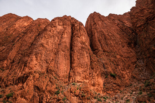 Red rock canyon walls rise from the valley floor in Todra Gorge near Tinghir, Morocco showcasing natural beauty and rugged terrain