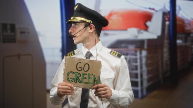 Man pilot in uniform holding a cardboard sign reading go green and wearing a headset microphone while looking aside inside a building; environmental hope.