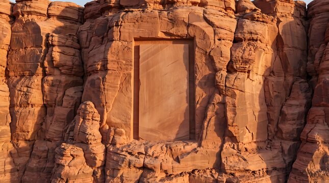 Ancient Rectangular Gateway Carved Into The Rugged Red Sandstone Cliffs of a Desert Mountain