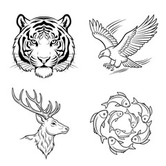 Obraz premium Black and white illustrations of a tiger, eagle, deer, and fish.