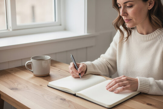 Woman journaling at a bright minimalist desk for habit-building routine