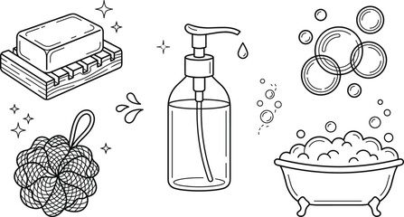 Bath time line art vector icons set featuring soap bar pump bottle bathtub bubbles and mesh sponge loofah © vector design 