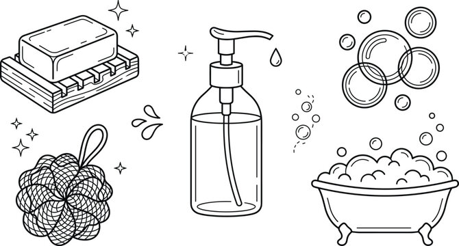 Bath time line art vector icons set featuring soap bar pump bottle bathtub bubbles and mesh sponge loofah