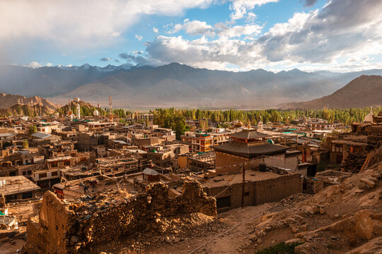 View over Leh city and Himalaya peaks in afternoon light in northern India